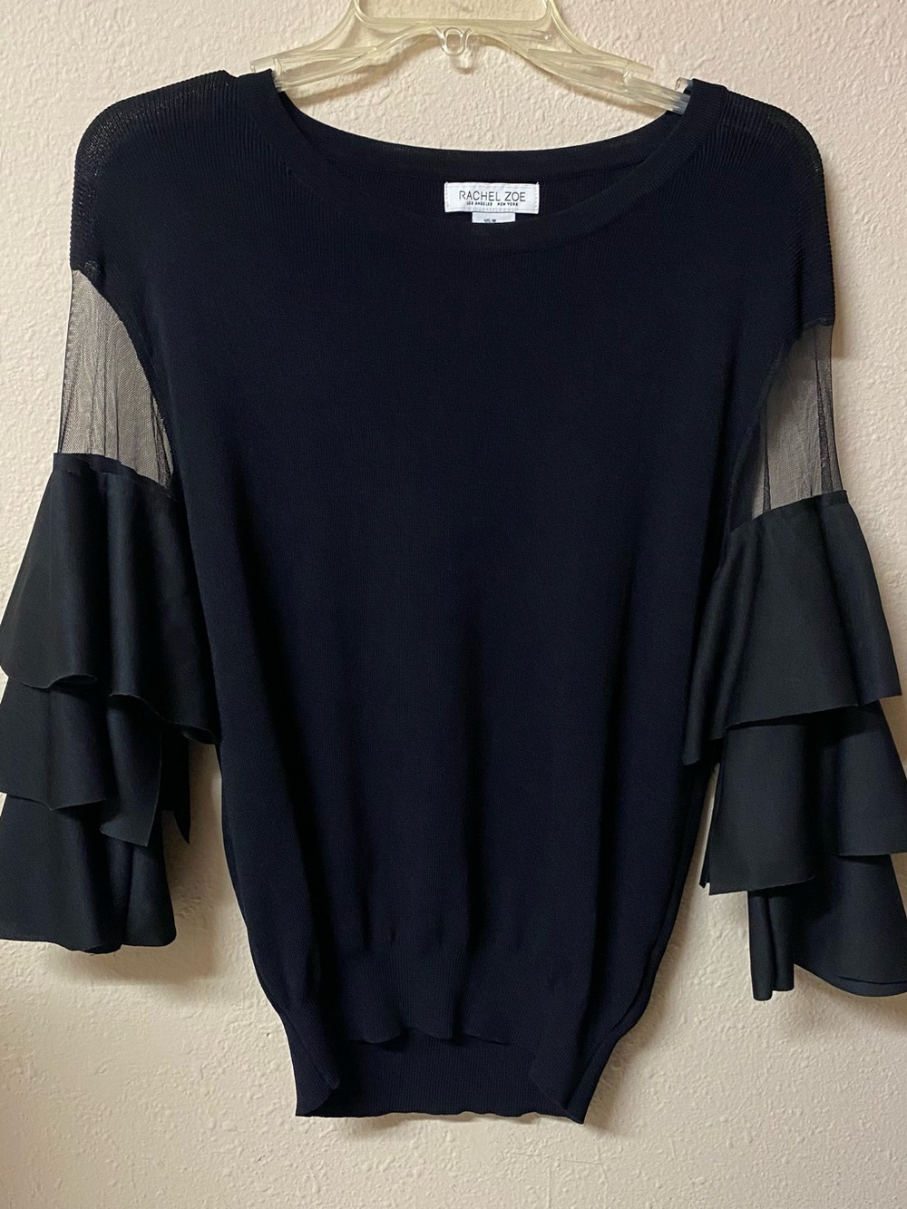 Rachel Zoe Black Layered Ruffle Sleeve Crewneck Sweater